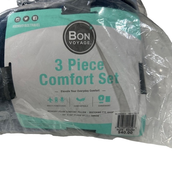 Bon Voyage 3pc Set Navy Neck Pillow Eye Mask Light Blue Plush Throw 50x60” NWT - Picture 6 of 8